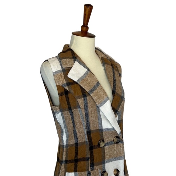 Double Breasted Brown Plaid Vest Button Down Mini Dress - Picture 10 of 16